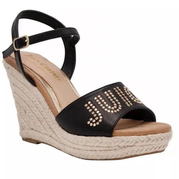 Juicy Couture Black Metal Stud Espadrille Platform Ankle Strap Wedge Sandals 9 - Picture 11 of 14